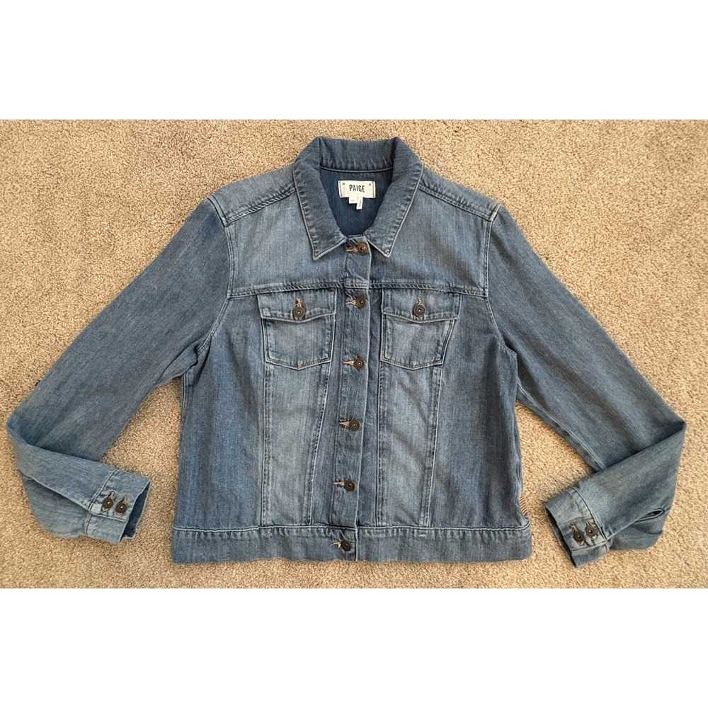 PAIGE Alamar Distressed Jean Jacket Womens XL Blue Denim Stretch Button Front - Picture 2 of 14